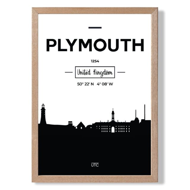 ARTZE Plymouth Black & White City Skyline Framed Print SIZE: A4 with Oak Frame - image 1