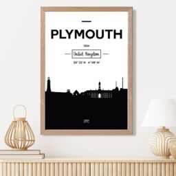 ARTZE Plymouth Black & White City Skyline Framed Print SIZE: A4 with Oak Frame - thumbnail 2