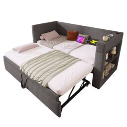 ModernLuxe Upholstered daybed sofa bed with storage & pull-out trundle in Grey - Size: Single - thumbnail 9