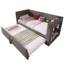 ModernLuxe Upholstered daybed sofa bed with storage & pull-out trundle in Grey - Size: Single - thumbnail 8