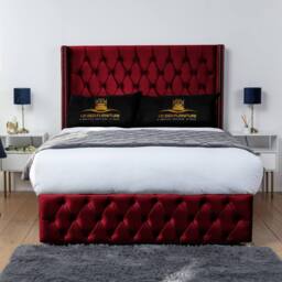 UK Bed Furniture Jasmine Wingback Divan Bed with 2 Foot End Drawers & 54 Inch Headboard in Maroon - Size: King - thumbnail 2