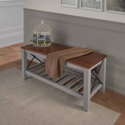 FORGEVIO Cottage Bench Grey Painted Pine Wooden Seat Slatted Storage Shelf - thumbnail 1
