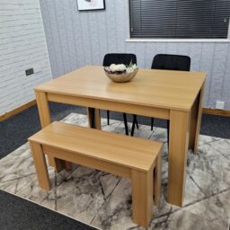 KOSY KOALA Oak Effect Dining Table Set With 2 Black Velvet Chairs & 1 Bench Dining Room Furniture in Beige - thumbnail 5