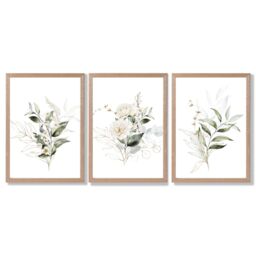 ARTZE White & Green Floral Bouquets Set of 3 Wall Art Prints with Oak Frame. Size: A2 in Dark Olive - Size: A3 - thumbnail 2