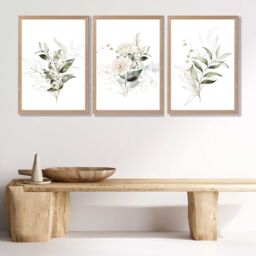 ARTZE White & Green Floral Bouquets Set of 3 Wall Art Prints with Oak Frame. Size: A2 in Dark Olive - Size: A3 - thumbnail 1