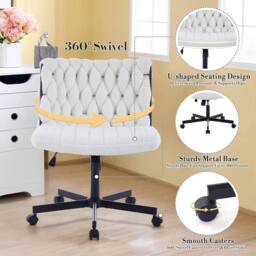 VOGREX Desk Chair with Wheels Armless Swivel, Makeup Vanity Chair Wide Seat - thumbnail 6