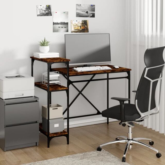 Berkfield Home Desk with Shelves Smoked Oak 105x50x90 cm Engineered Wood&Iron in Brown - Size: 105 x 50 x 90 cm - image 1