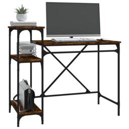 Berkfield Home Desk with Shelves Smoked Oak 105x50x90 cm Engineered Wood&Iron in Brown - Size: 105 x 50 x 90 cm - thumbnail 4