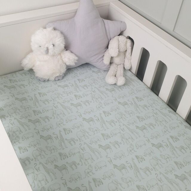 Minky Myles Baby Fitted Cot Bed Sheet. Cotton Safari Jungle Animal Sage Green Cotbed Nursery Sheet. Crease Free Baby Bedding Crib Sheets - image 1