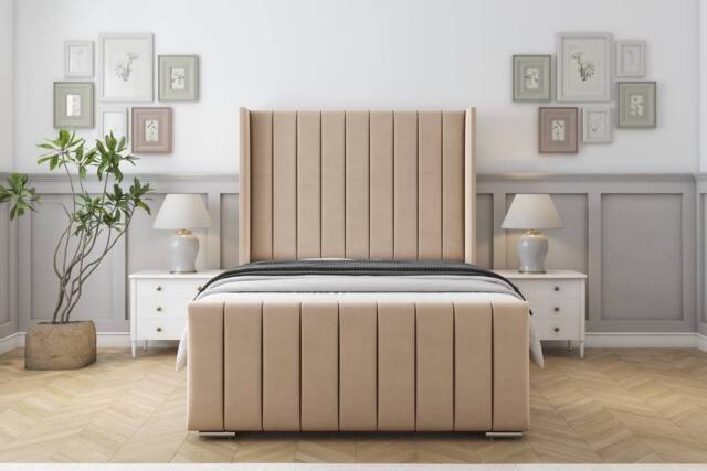 "Sloomy Devonshire Plush Bed Frame With 50"" Upholstered Wingback Headboard in Stone - Size: Single" - image 1