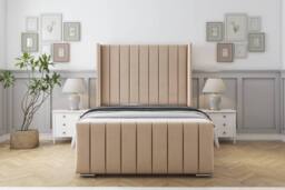 "Sloomy Devonshire Plush Bed Frame With 50"" Upholstered Wingback Headboard in Stone - Size: Single" - thumbnail 1