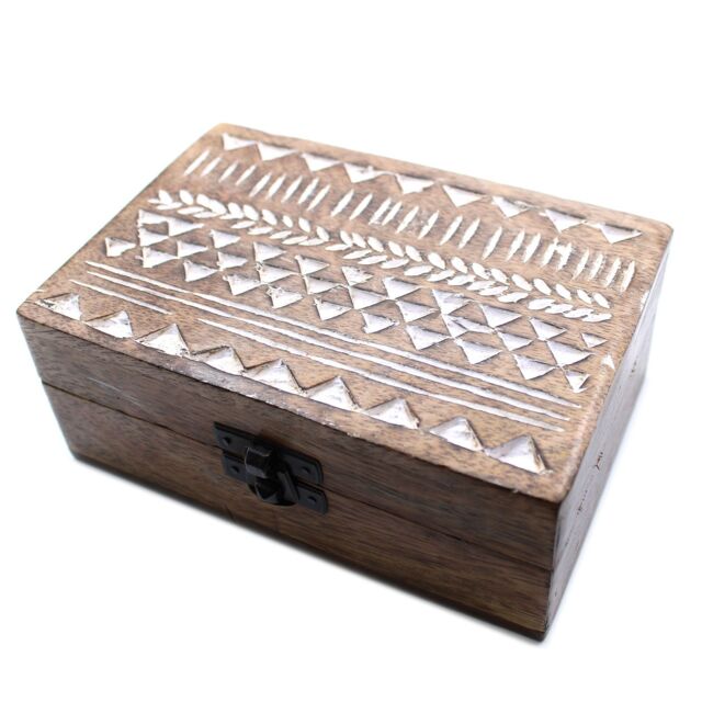KDMD White Washed Wooden Box - 6x4 Aztec Design in Brown - image 1