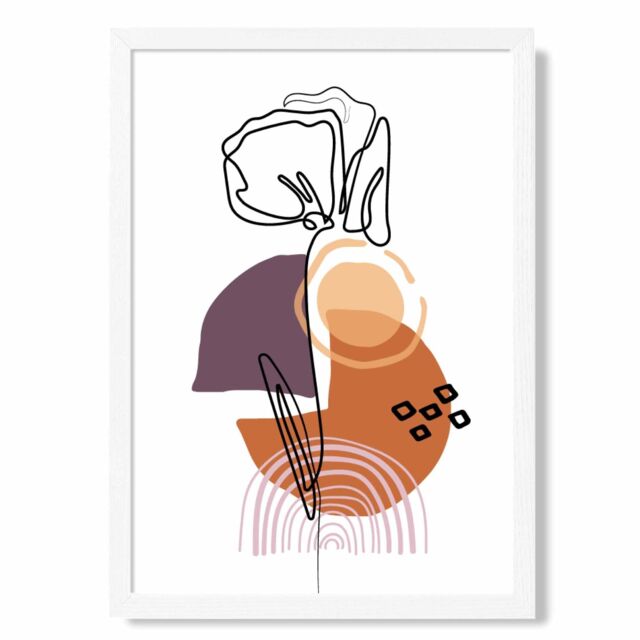 ARTZE Carnation Floral Line Art with Boho Purple & Orange Shapes Framed Print SIZE: A4 with White Frame - Size: A2 - image 1