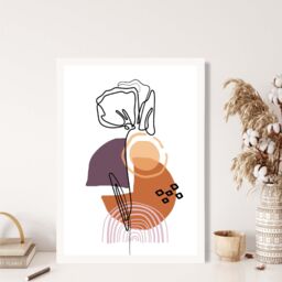 ARTZE Carnation Floral Line Art with Boho Purple & Orange Shapes Framed Print SIZE: A4 with White Frame - Size: A2 - thumbnail 2