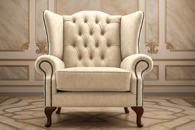 Somnior Classic Chesterfield Arm Chair Dapple Fabric UK Manufactured in Cream - Size: 1 Seater - image 1