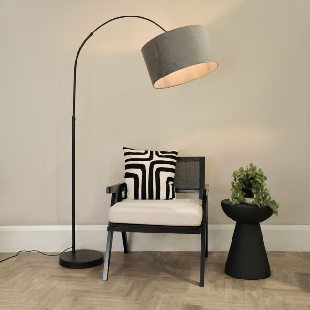 ValueLights Louis Black Arched Curved Floor Lamp with Velvet Drum Lamp Shade & LED Bulb in Grey - image 1