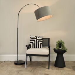 ValueLights Louis Black Arched Curved Floor Lamp with Velvet Drum Lamp Shade & LED Bulb in Grey - thumbnail 1