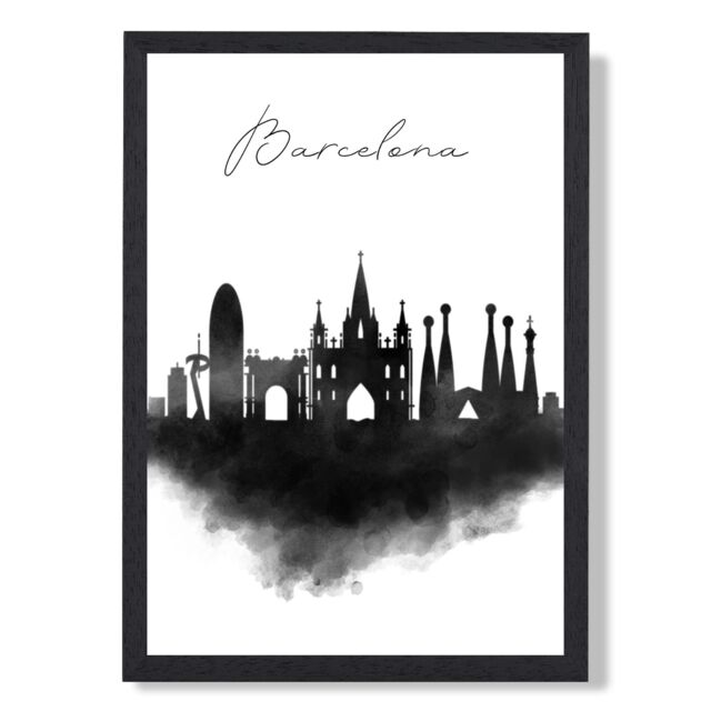 ARTZE Barcelona Watercolour Skyline City Framed Print SIZE: A4 with Black Frame - image 1