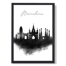 ARTZE Barcelona Watercolour Skyline City Framed Print SIZE: A4 with Black Frame - thumbnail 1