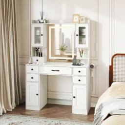 Costway Modern Dressing Table Vanity Desk with Mirror & Lights in White - thumbnail 3