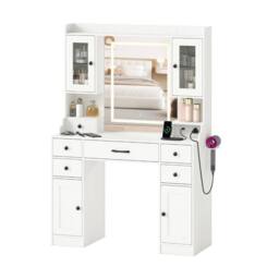 Costway Modern Dressing Table Vanity Desk with Mirror & Lights in White - thumbnail 2