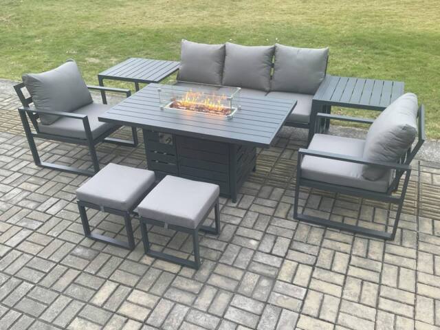 Fimous Aluminium Patio Outdoor Garden Furniture Lounge Sofa Set Gas Fire Pit Dining Table with 2 Side Tables 2 Small Footstools Dark Grey - image 1