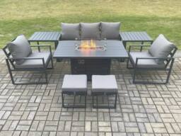 Fimous Aluminium Patio Outdoor Garden Furniture Lounge Sofa Set Gas Fire Pit Dining Table with 2 Side Tables 2 Small Footstools Dark Grey - thumbnail 2