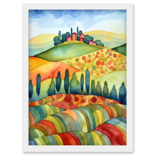 Artery8 Landscape Of Tuscany House On The Hill Folk Art Artwork Framed Wall Art Print A4 in White - image 1