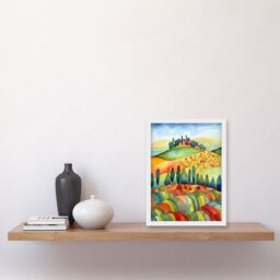Artery8 Landscape Of Tuscany House On The Hill Folk Art Artwork Framed Wall Art Print A4 in White - thumbnail 2