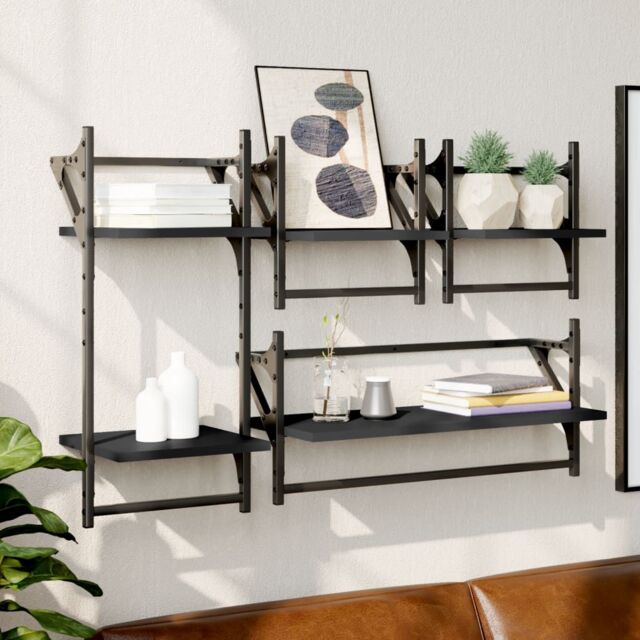 Berkfield Home 4 Piece Wall Shelf Set with Bars Black Engineered Wood - image 1