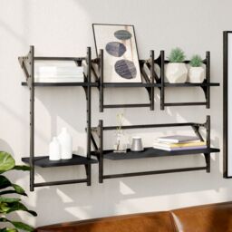 Berkfield Home 4 Piece Wall Shelf Set with Bars Black Engineered Wood - thumbnail 1