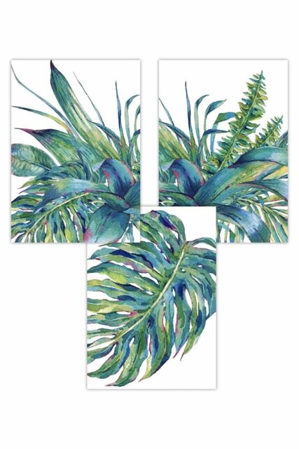 ARTZE Set of 3 Tropical Leaves Green Blue Abstract Art Posters - Size: W30 cm x H42 cm - image 1