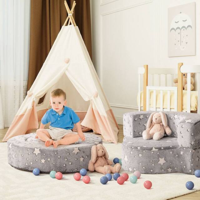 Costway Glow-in-the-Dark Kids Sofa 2-in-1 Toddler Game Mat w/Washable Cover in Grey - image 1