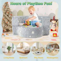 Costway Glow-in-the-Dark Kids Sofa 2-in-1 Toddler Game Mat w/Washable Cover in Grey - thumbnail 6
