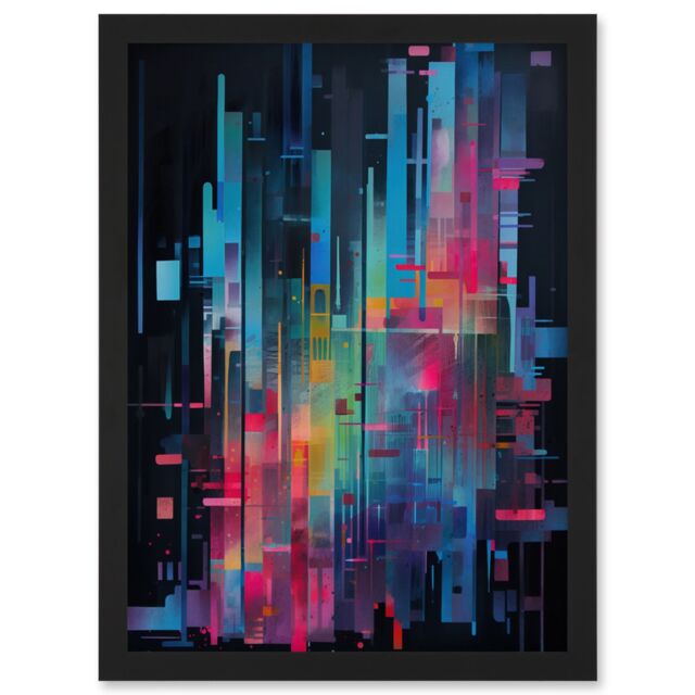 Artery8 Modern Abstract Geometric Neon Lines Cityscape Painting Artwork Framed Wall Art Print A4 in Black - image 1