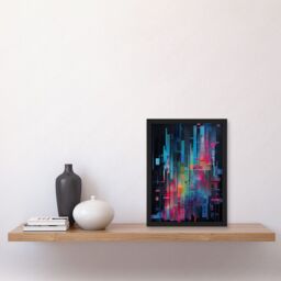 Artery8 Modern Abstract Geometric Neon Lines Cityscape Painting Artwork Framed Wall Art Print A4 in Black - thumbnail 2