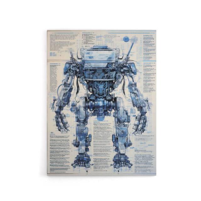 "Artery8 Mech War Military Robot Schematic Canvas Wall Art Print in Blue - Size: W18"" x H24""" - image 1