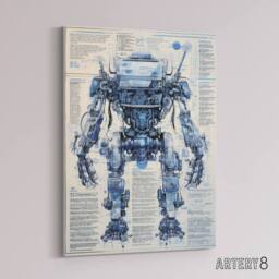 "Artery8 Mech War Military Robot Schematic Canvas Wall Art Print in Blue - Size: W18"" x H24""" - thumbnail 2