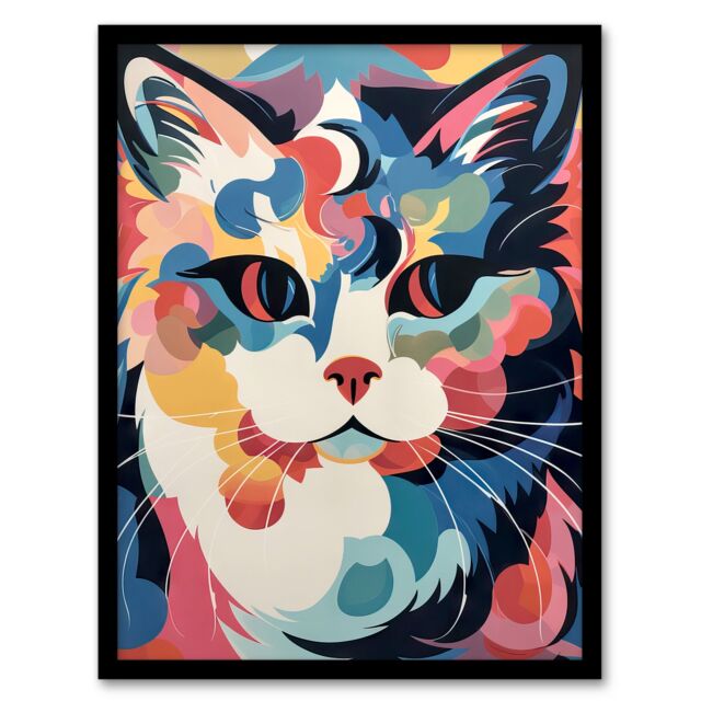Artery8 Wall Art Print Cat Graphic 1960s Abstract Painting Pastel Colour Retro Boho Animal Portrait Art Framed - Size: A4 - image 1