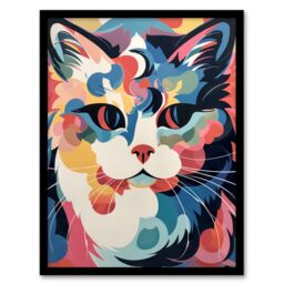 Artery8 Wall Art Print Cat Graphic 1960s Abstract Painting Pastel Colour Retro Boho Animal Portrait Art Framed - Size: A4 - thumbnail 1
