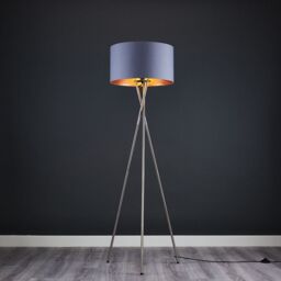 ValueLights Camden Brushed Chrome Tripod Floor Lamp with Grey & Copper Lamp Shade