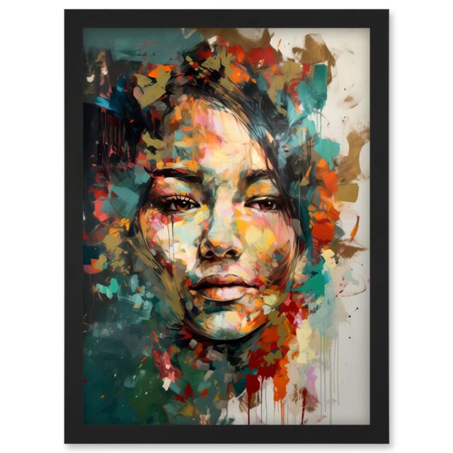 Artery8 Sad Young Woman Face Beauty Portrait Multicoloured Artwork Framed Wall Art Print A4 in Black - image 1