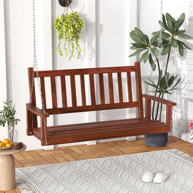 Costway 2-Person Porch Hanging Swing Chair Wooden Garden Swing Bench w/ Slatted Back in Brown - image 1
