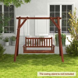 Costway 2-Person Porch Hanging Swing Chair Wooden Garden Swing Bench w/ Slatted Back in Brown - thumbnail 6