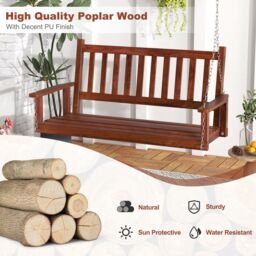 Costway 2-Person Porch Hanging Swing Chair Wooden Garden Swing Bench w/ Slatted Back in Brown - thumbnail 3
