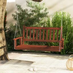 Costway 2-Person Porch Hanging Swing Chair Wooden Garden Swing Bench w/ Slatted Back in Brown - thumbnail 2