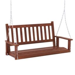 Costway 2-Person Porch Hanging Swing Chair Wooden Garden Swing Bench w/ Slatted Back in Brown - thumbnail 4