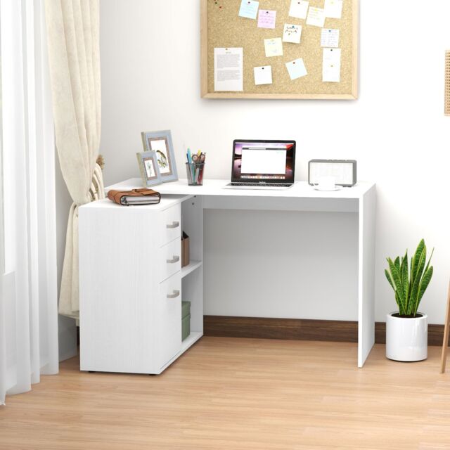 HOMCOM Computer Desk Table Workstation L Shape Drawer Shelf File Cabinet Home in White - image 1