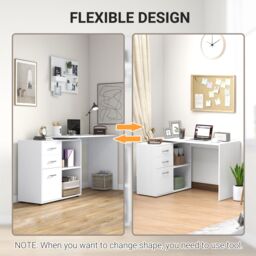 HOMCOM Computer Desk Table Workstation L Shape Drawer Shelf File Cabinet Home in White - thumbnail 5