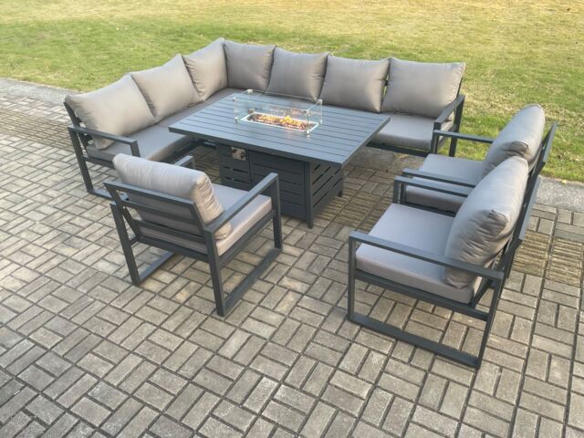 Fimous Aluminium Outdoor Garden Furniture Corner Sofa Gas Fire Pit Dining Table Sets Gas Heater Burner Dark Grey 9 Seater